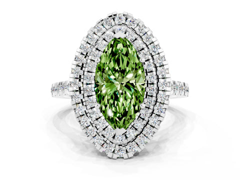 White gold Double Halo Marquise Cut Peridot Pavé Band with Four-Prong Setting