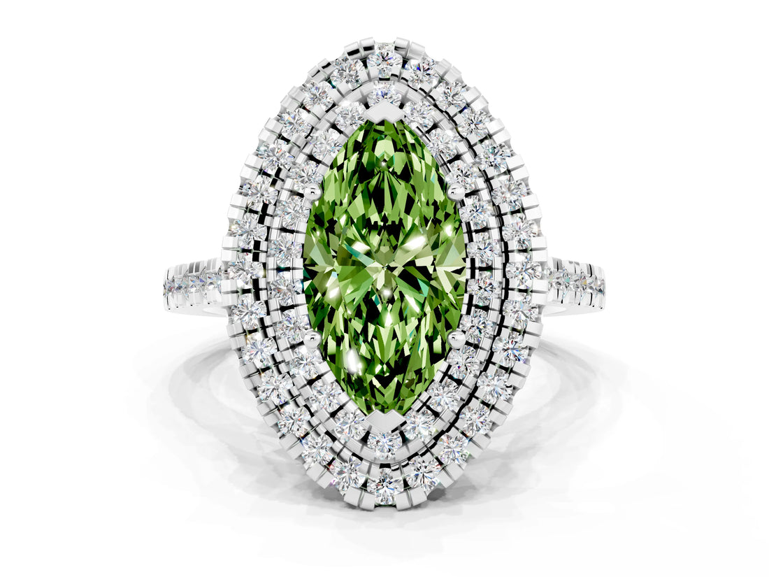 White gold Double Halo Marquise Cut Peridot Pavé Band with Four-Prong Setting