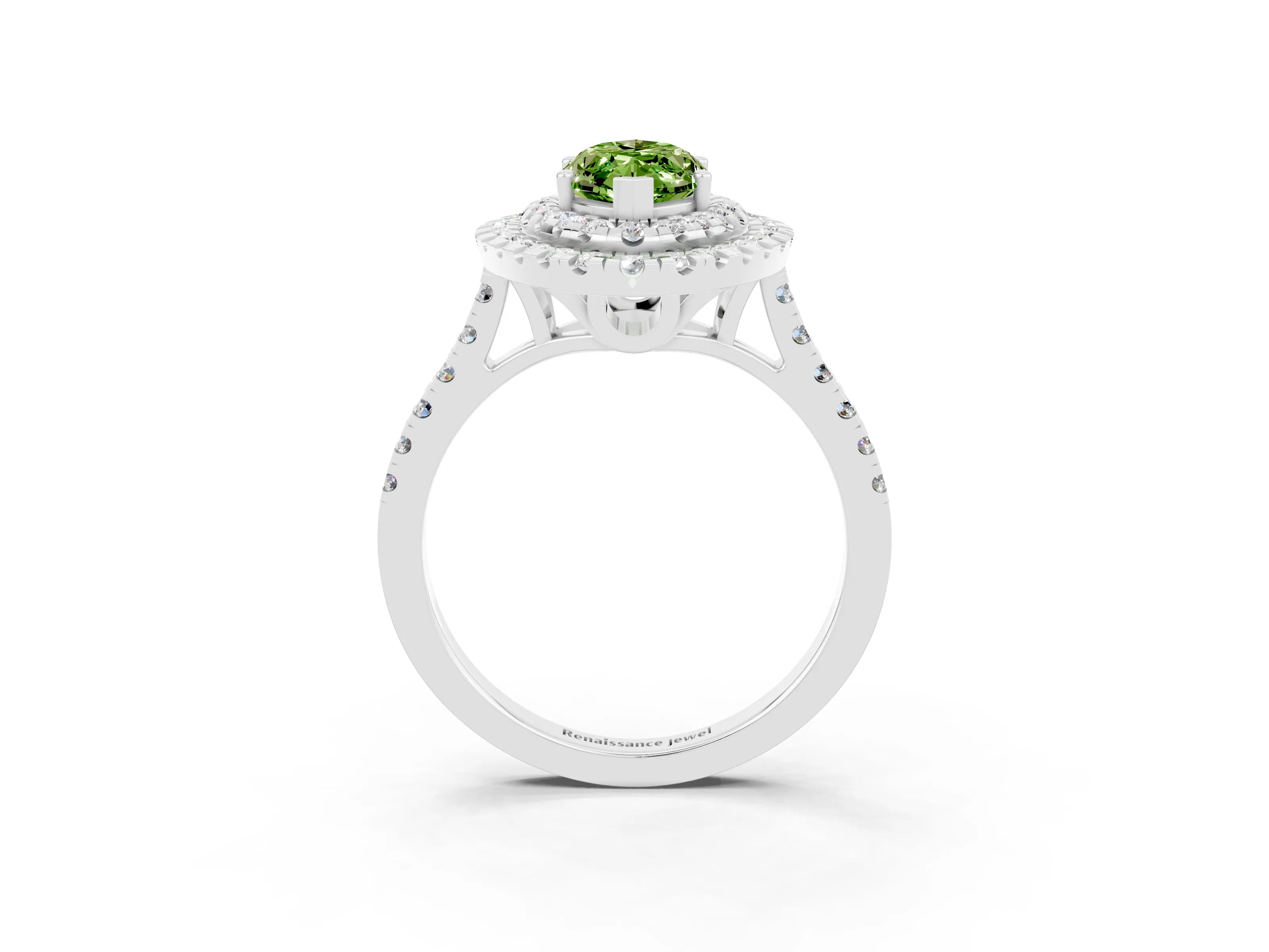 White gold Double Halo Marquise Cut Peridot Pavé Band with Four-Prong Setting_3
