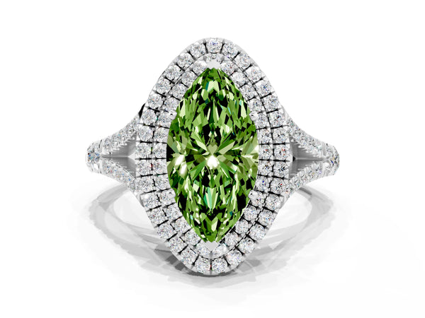 Platinum Double Halo Marquise Cut Peridot Pavé Split Shank Ring with Prong Setting