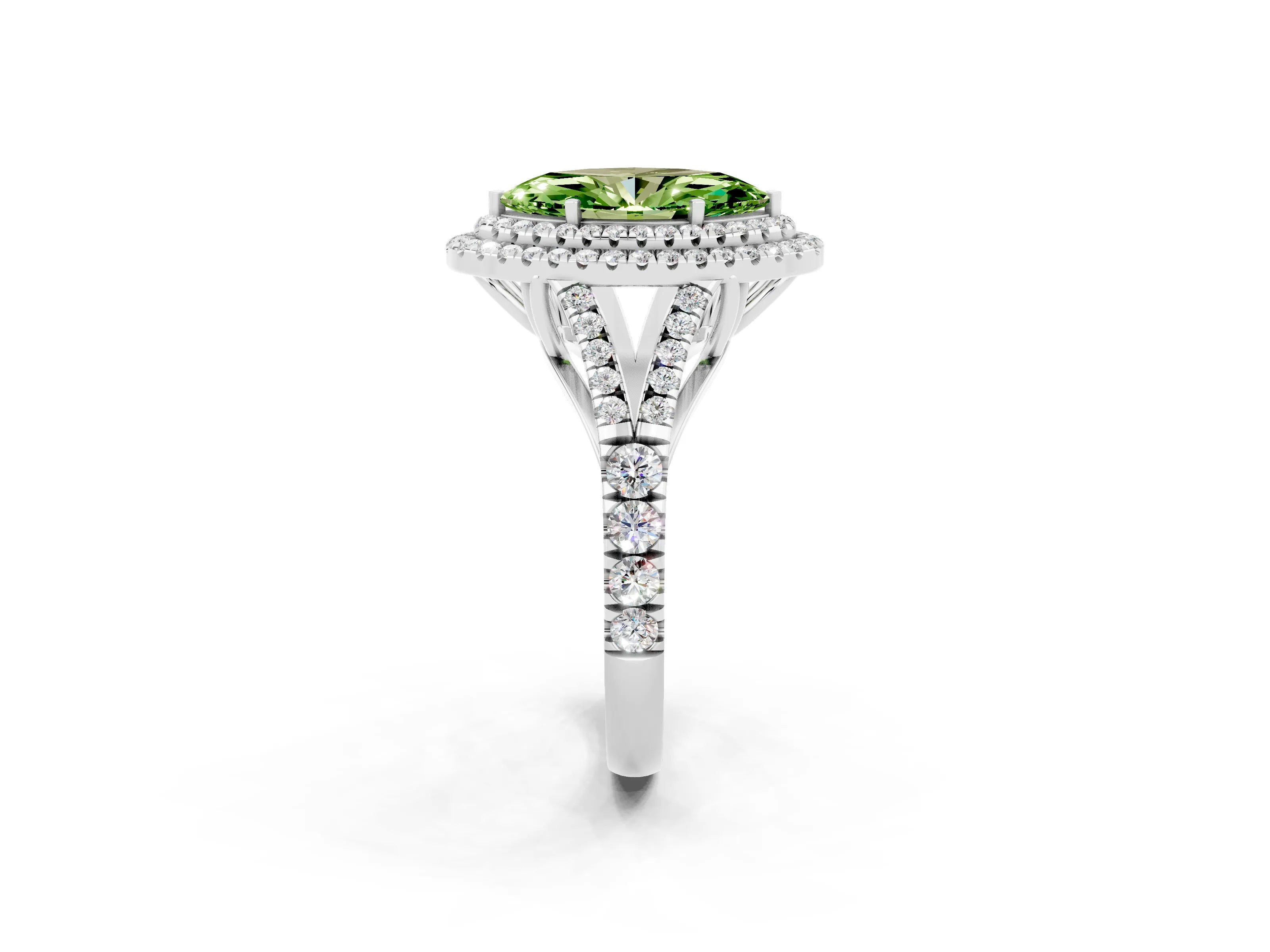 White gold Double Halo Marquise Cut Peridot Pavé Split Shank Ring with Prong Setting_2