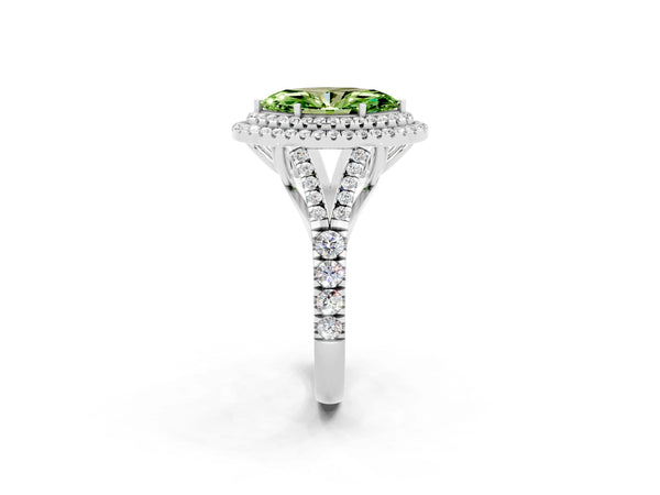 Silver Double Halo Marquise Cut Peridot Pavé Split Shank Ring with Prong Setting