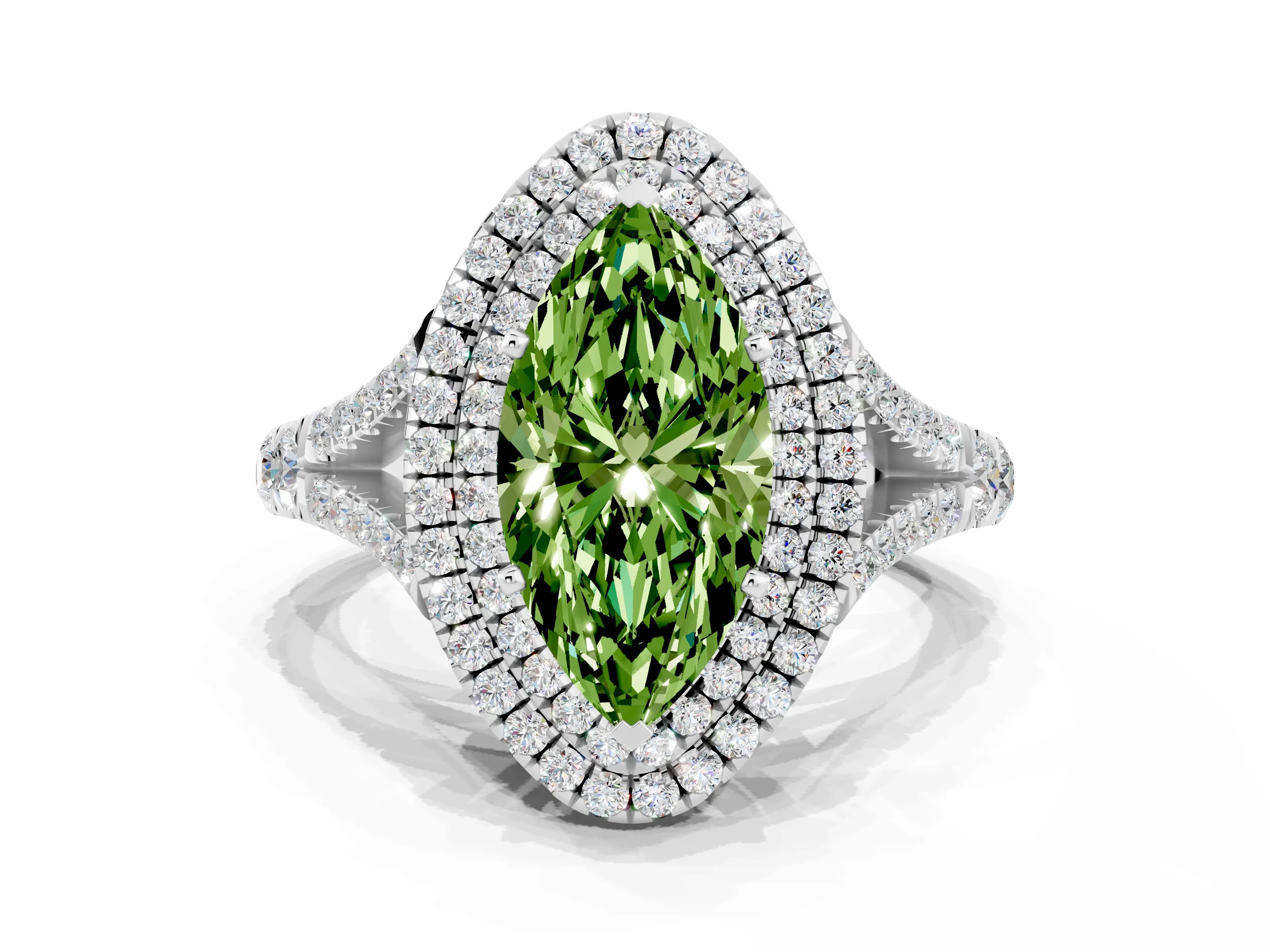 White gold Double Halo Marquise Cut Peridot Pavé Split Shank Ring with Prong Setting