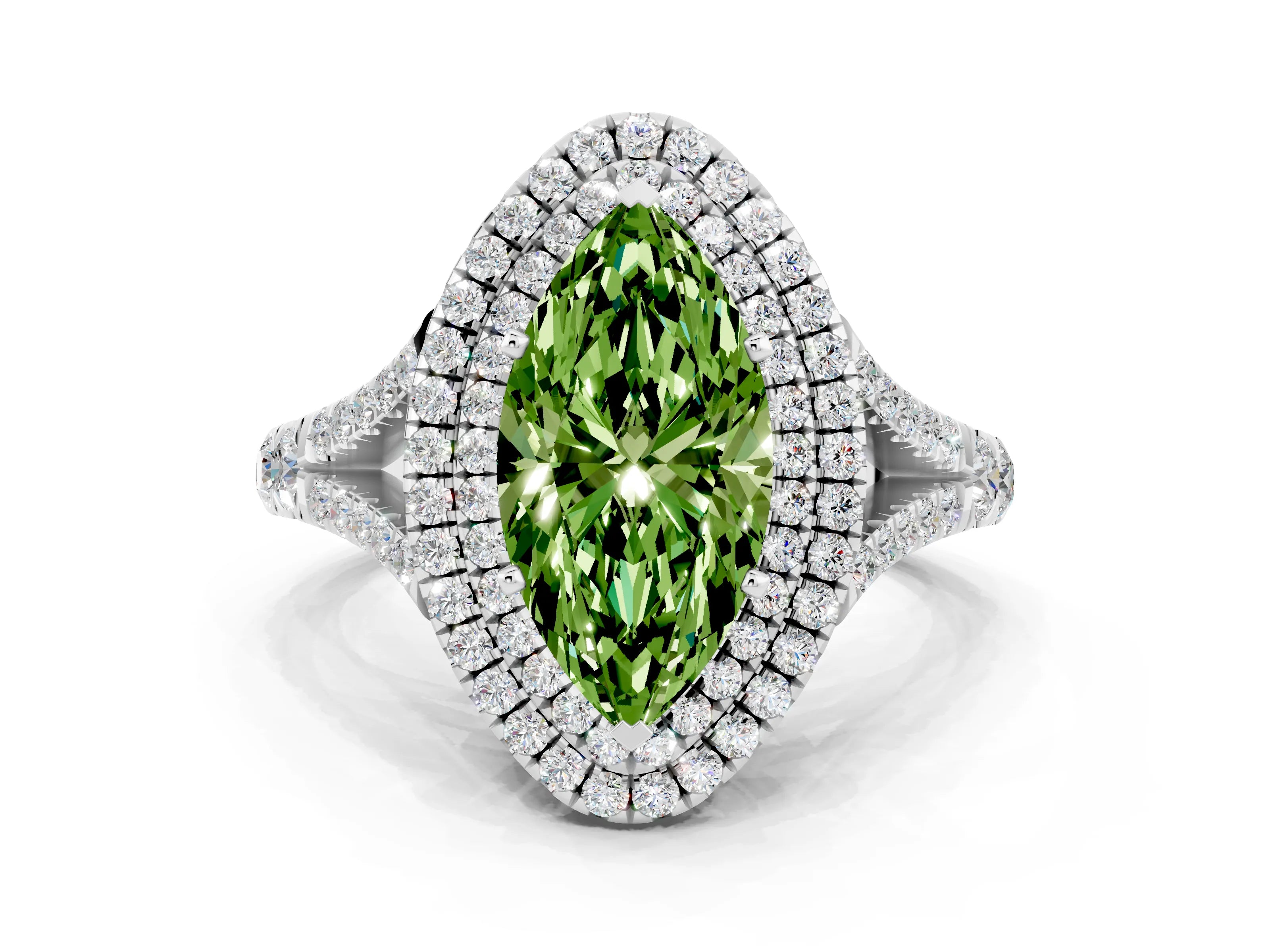 White gold Double Halo Marquise Cut Peridot Split Shank Engagement Ring with Four-Prong Setting