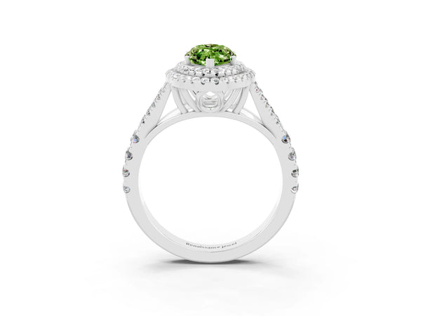 Silver Double Halo Marquise Cut Peridot Split Shank Engagement Ring with Four-Prong Setting