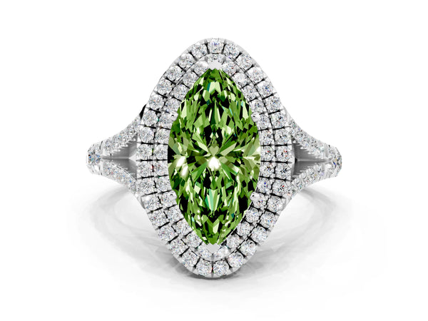 White gold Double Halo Marquise Cut Peridot Split Shank Engagement Ring with Four-Prong Setting