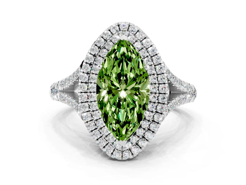 White gold Double Halo Marquise Cut Peridot Split Shank Engagement Ring with Four-Prong Setting