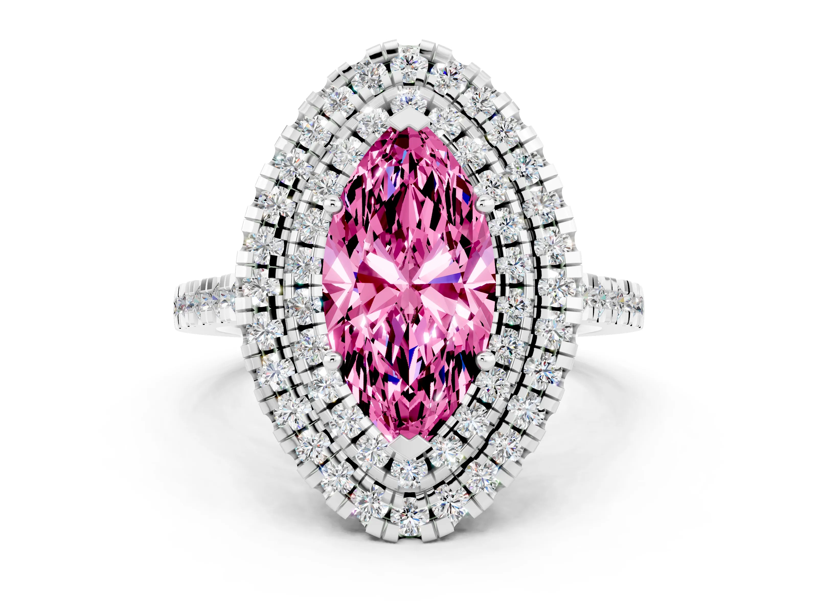 White gold Double Halo Marquise Cut Pink Sapphire Pavé Band with Four-Prong Setting_24