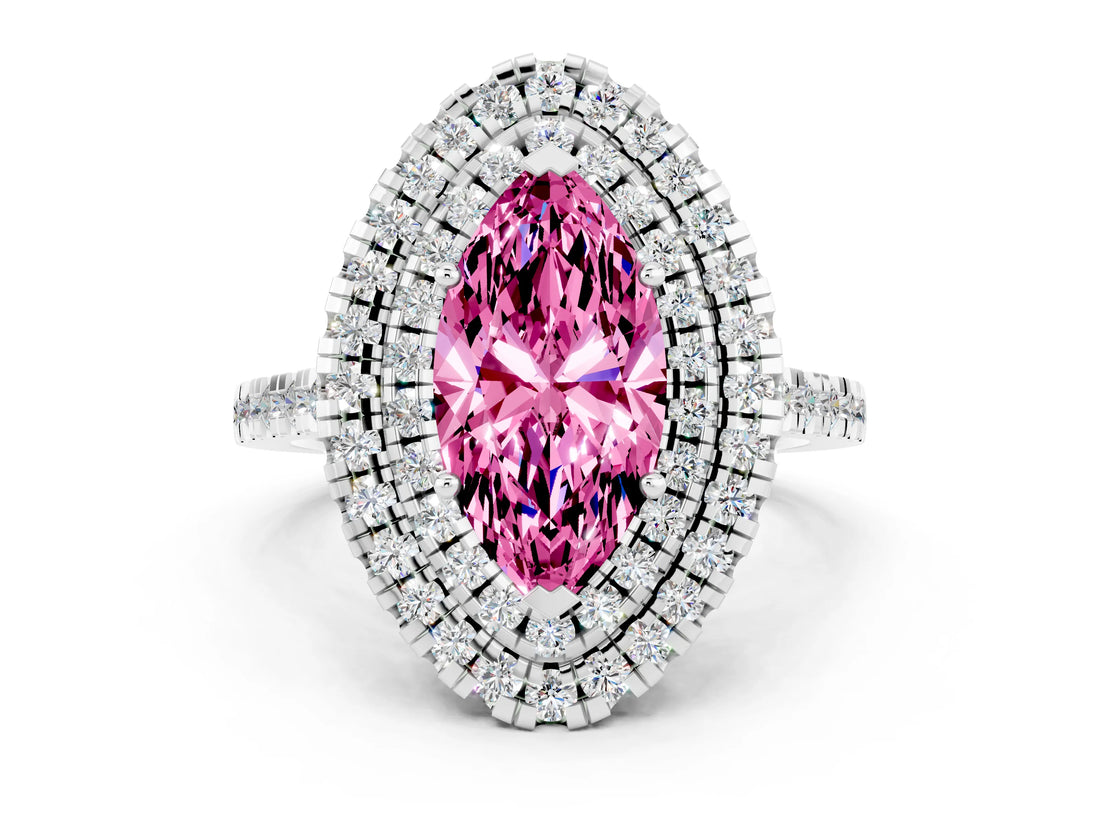 White gold Double Halo Marquise Cut Pink Sapphire Pavé Band with Four-Prong Setting_24