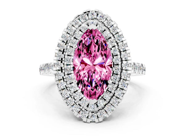 Silver Double Halo Marquise Cut Pink Sapphire Pavé Band with Four-Prong Setting