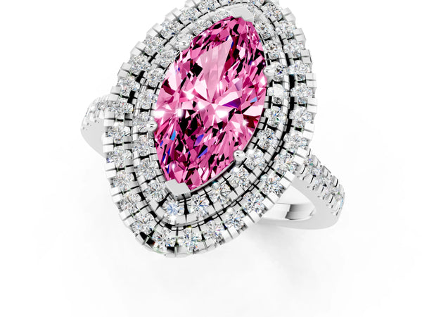 Platinum Double Halo Marquise Cut Pink Sapphire Pavé Band with Four-Prong Setting