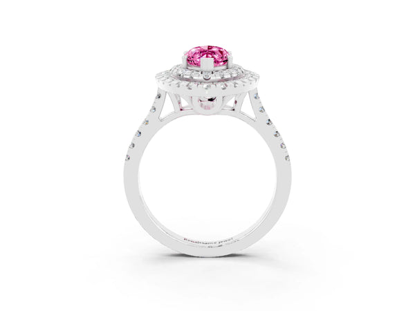 Platinum Double Halo Marquise Cut Pink Sapphire Pavé Band with Four-Prong Setting