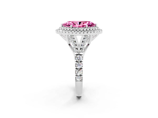 Platinum Double Halo Marquise Cut Pink Sapphire Pavé Split Shank Ring with Prong Setting