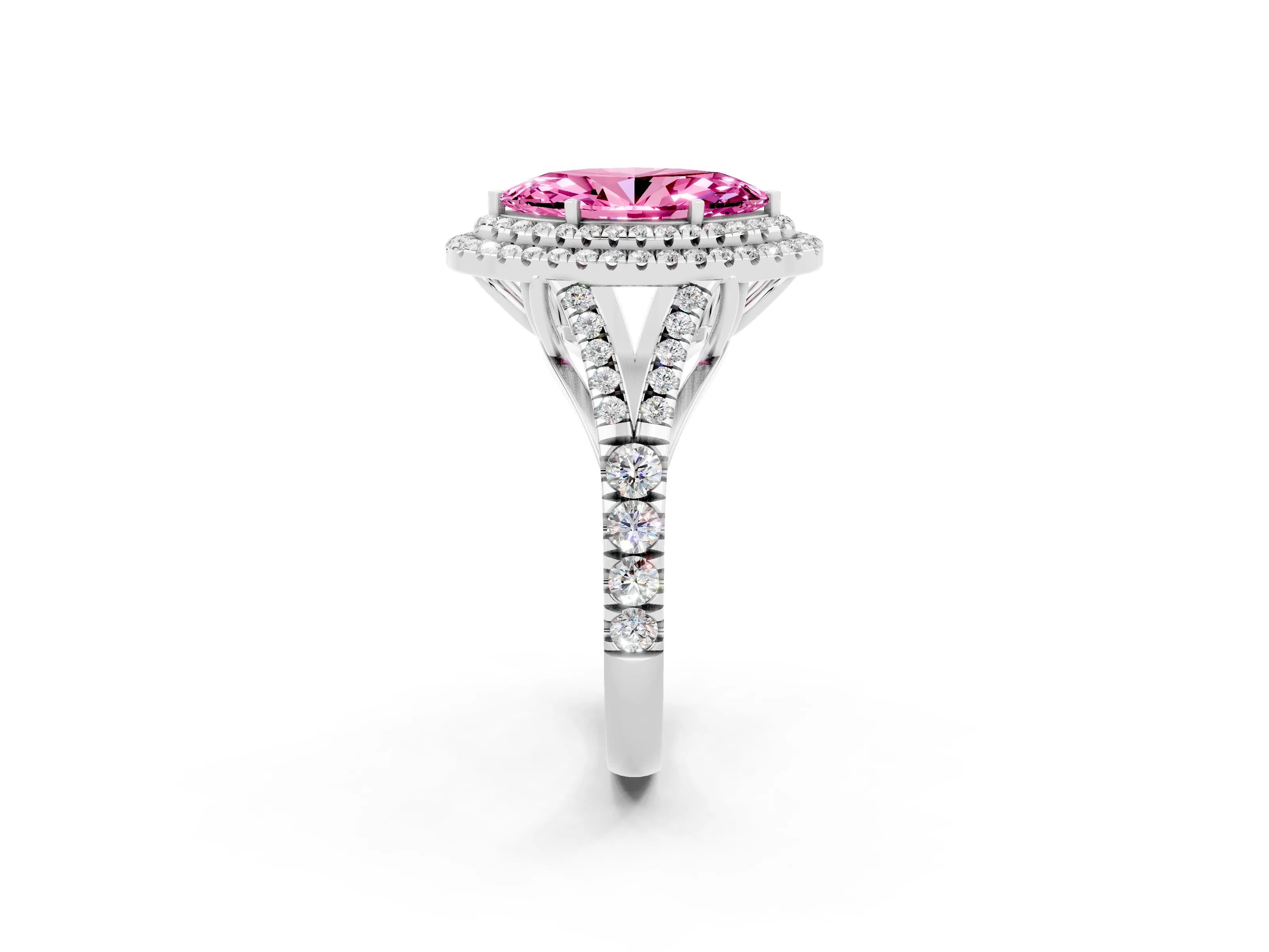 White gold Double Halo Marquise Cut Pink Sapphire Pavé Split Shank Ring with Prong Setting_2