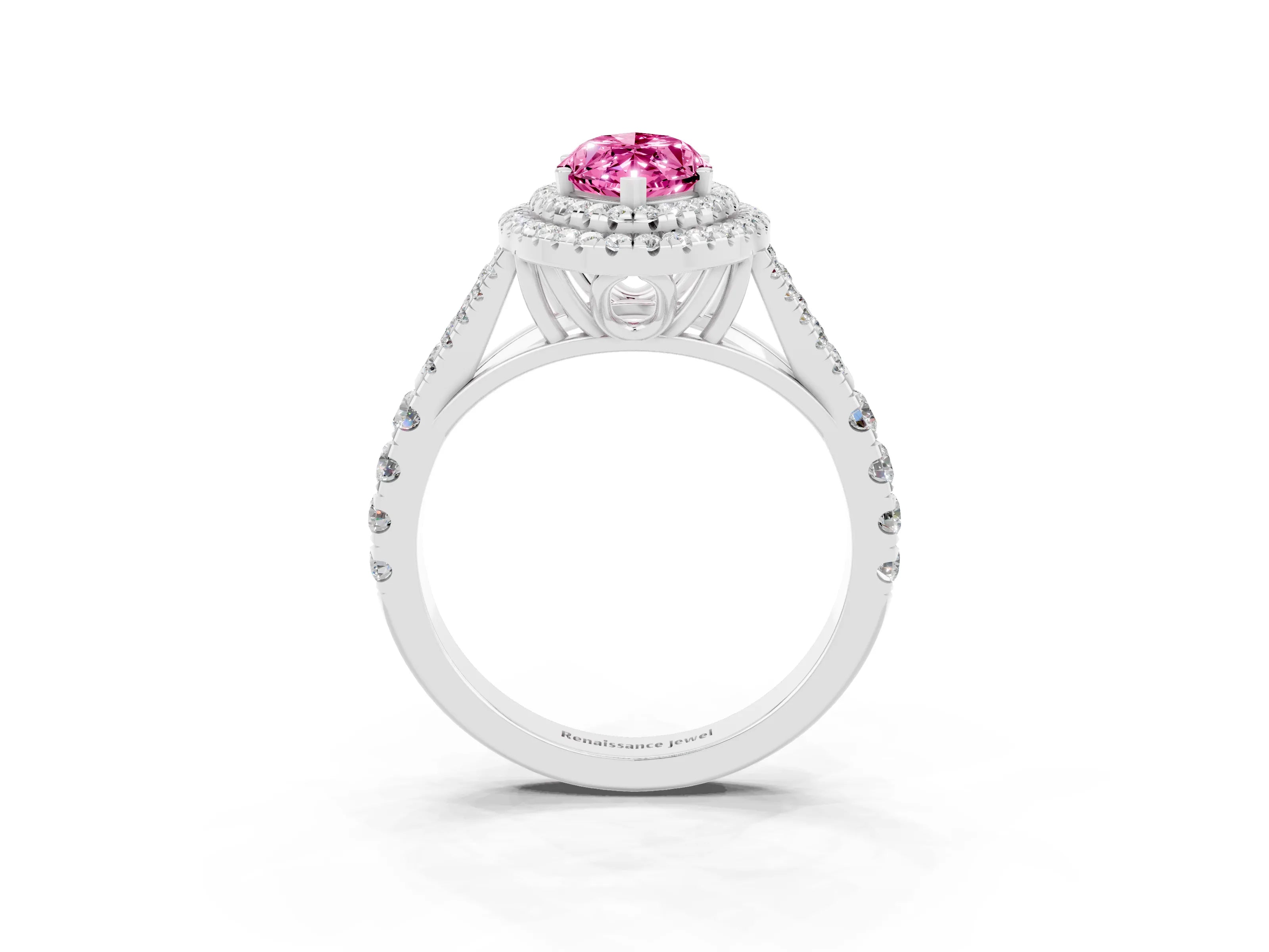 White gold Double Halo Marquise Cut Pink Sapphire Pavé Split Shank Ring with Prong Setting_3