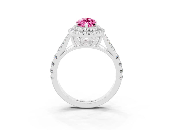 Platinum Double Halo Marquise Cut Pink Sapphire Pavé Split Shank Ring with Prong Setting