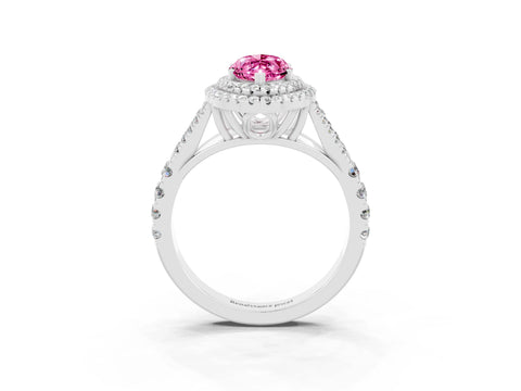 White gold Double Halo Marquise Cut Pink Sapphire Pavé Split Shank Ring with Prong Setting_3