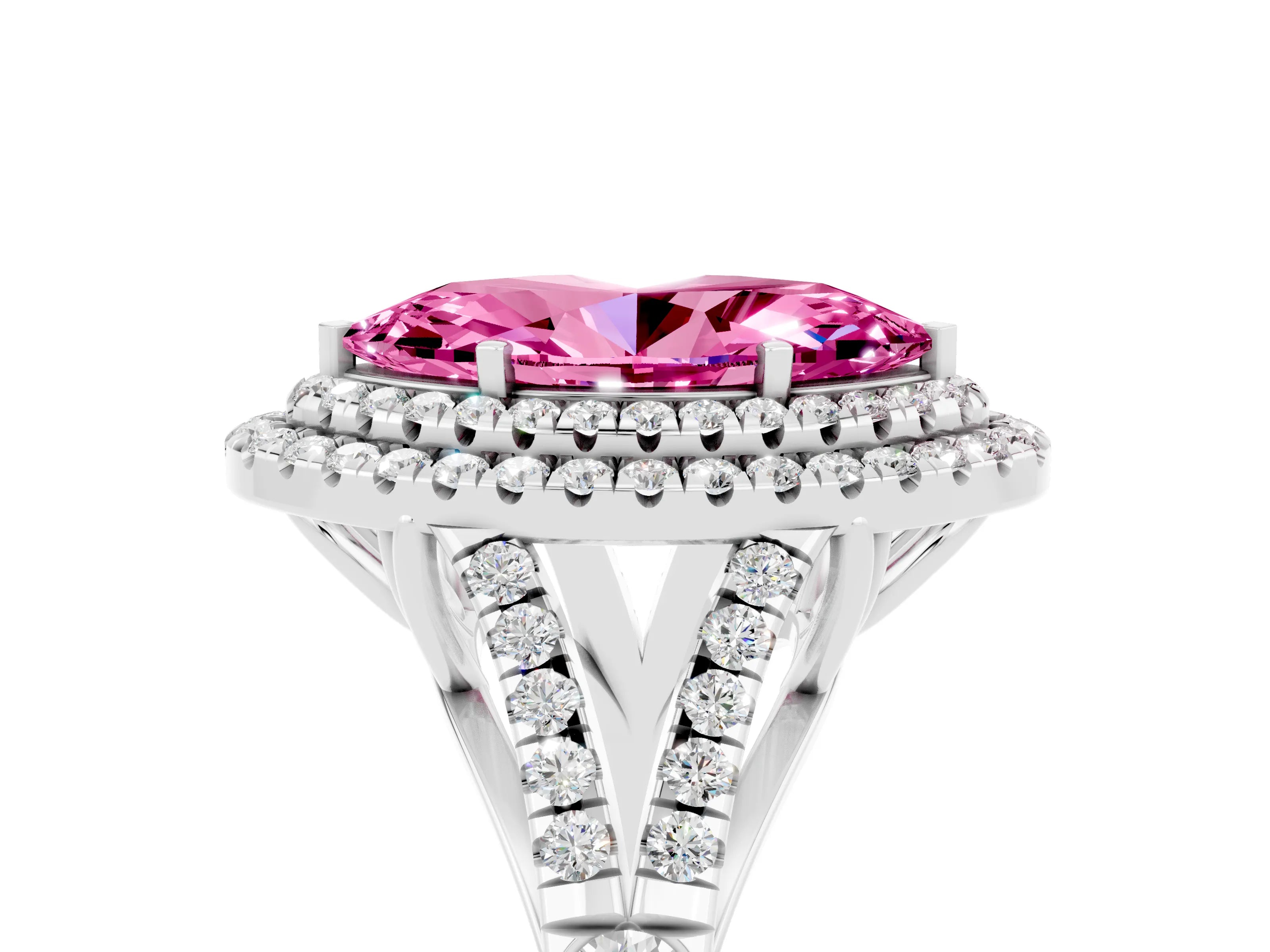 White gold Double Halo Marquise Cut Pink Sapphire Pavé Split Shank Ring with Prong Setting_5