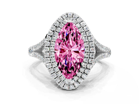 White gold Double Halo Marquise Cut Pink Sapphire Pavé Split Shank Ring with Prong Setting