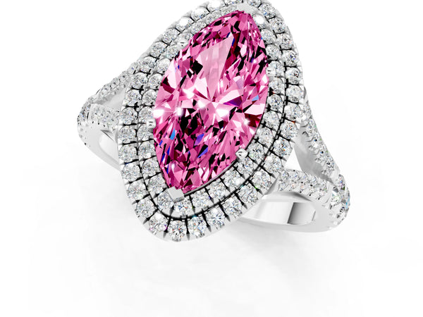 White gold Double Halo Marquise Cut Pink Sapphire Split Shank Engagement Ring with Four-Prong Setting
