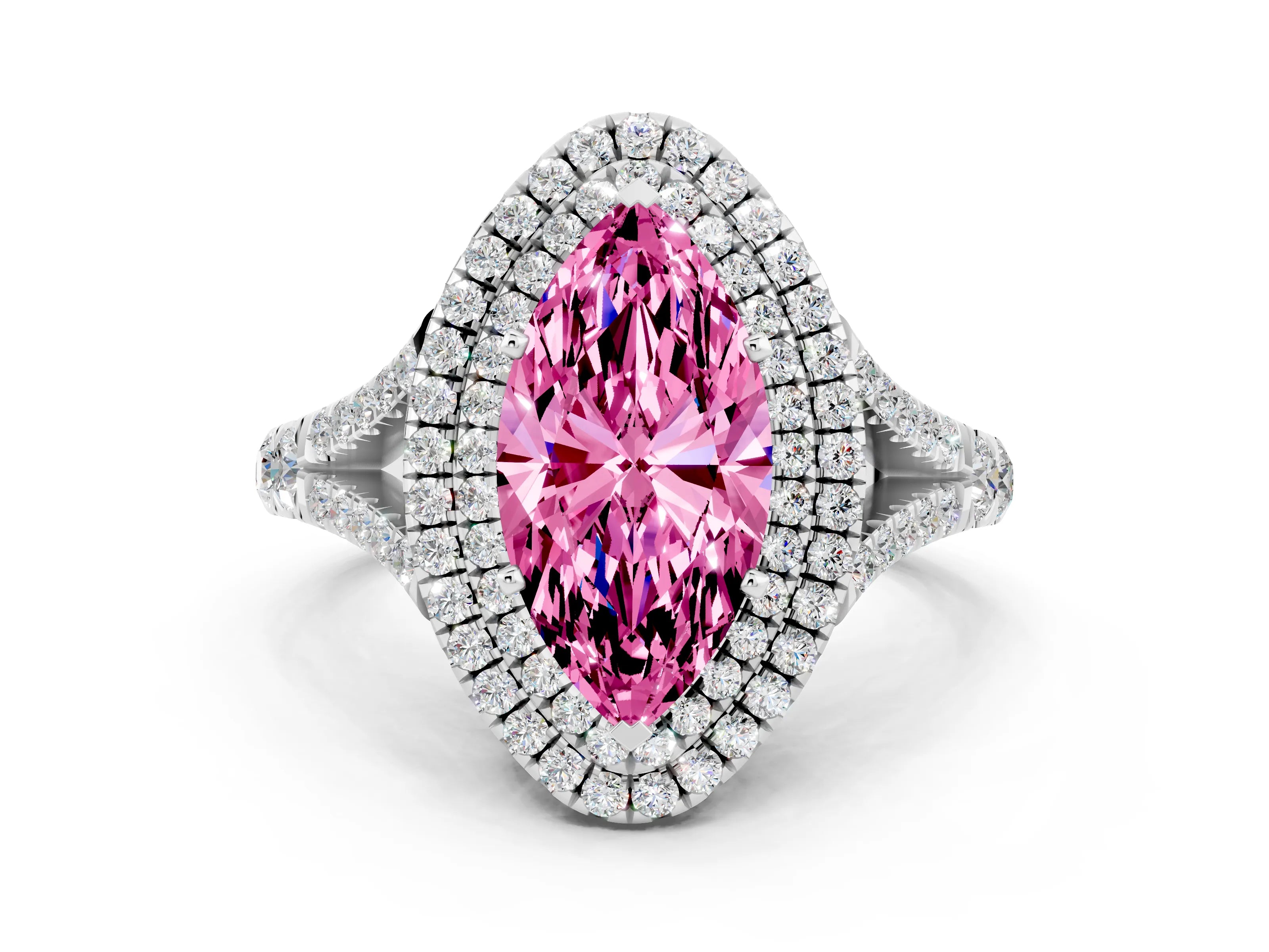 White gold Double Halo Marquise Cut Pink Sapphire Split Shank Engagement Ring with Four-Prong Setting