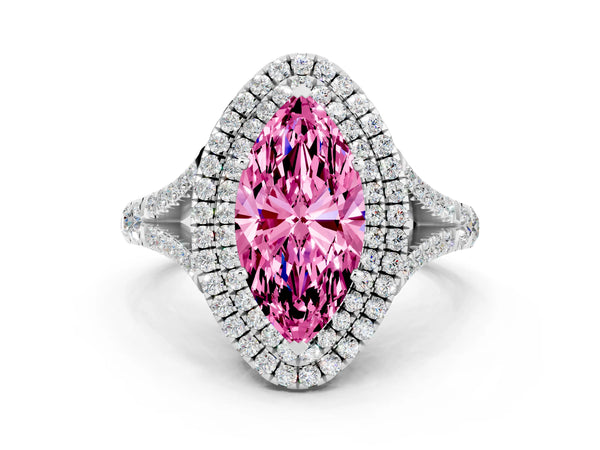 White gold Double Halo Marquise Cut Pink Sapphire Split Shank Engagement Ring with Four-Prong Setting