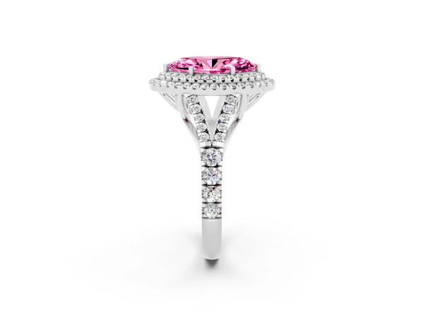 Platinum Double Halo Marquise Cut Pink Sapphire Split Shank Engagement Ring with Four-Prong Setting