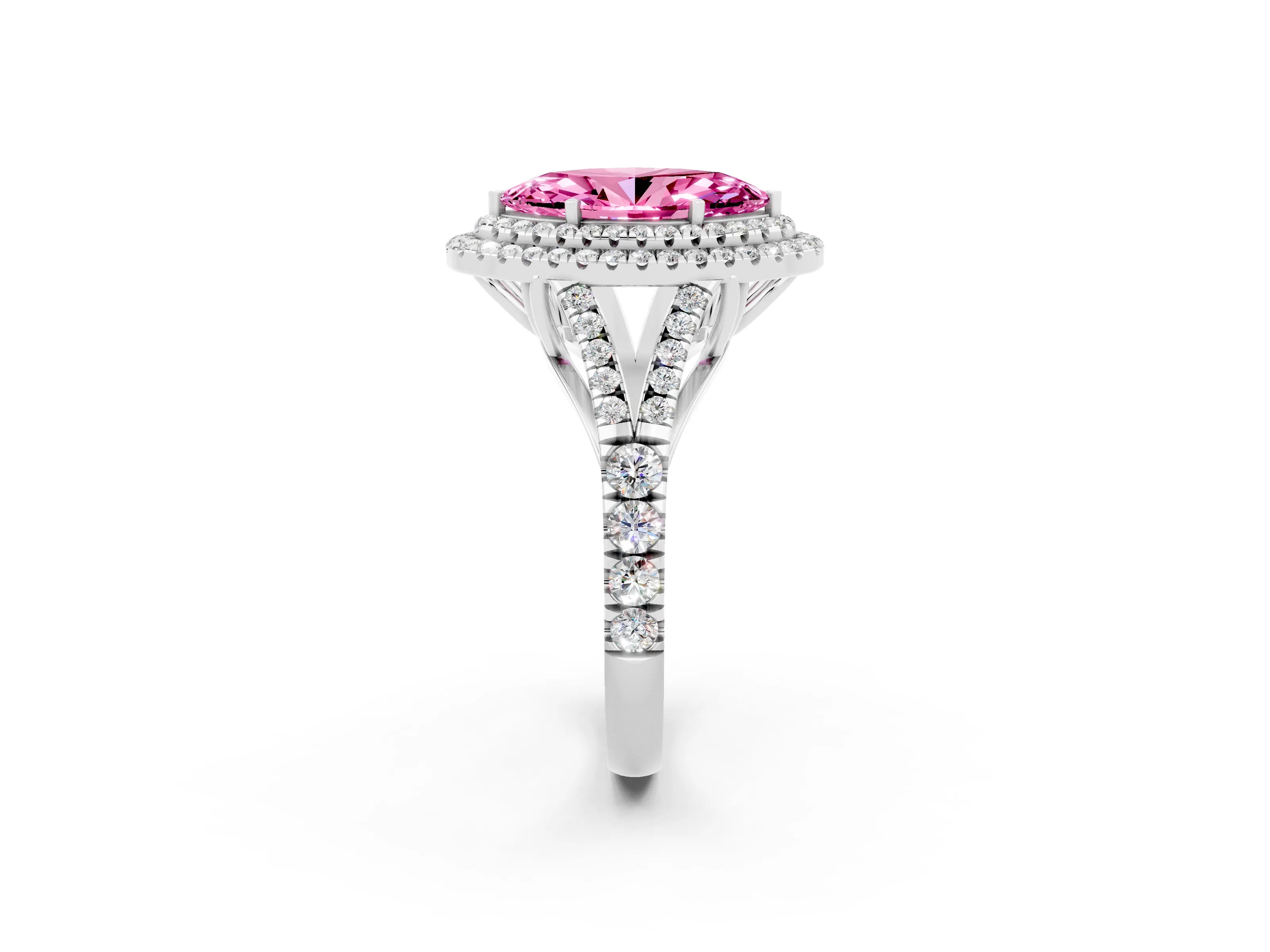 White gold Double Halo Marquise Cut Pink Sapphire Split Shank Engagement Ring with Four-Prong Setting_2