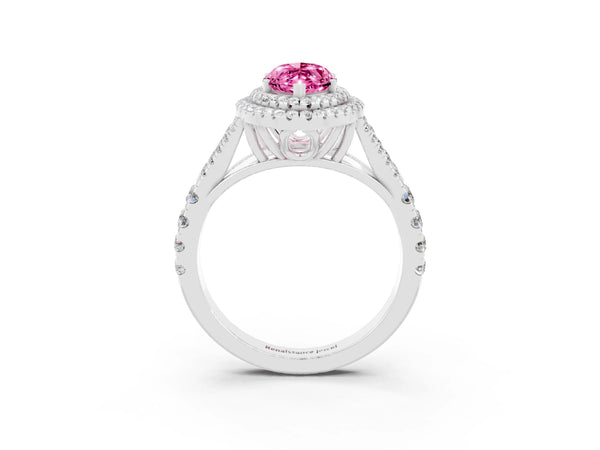 Platinum Double Halo Marquise Cut Pink Sapphire Split Shank Engagement Ring with Four-Prong Setting
