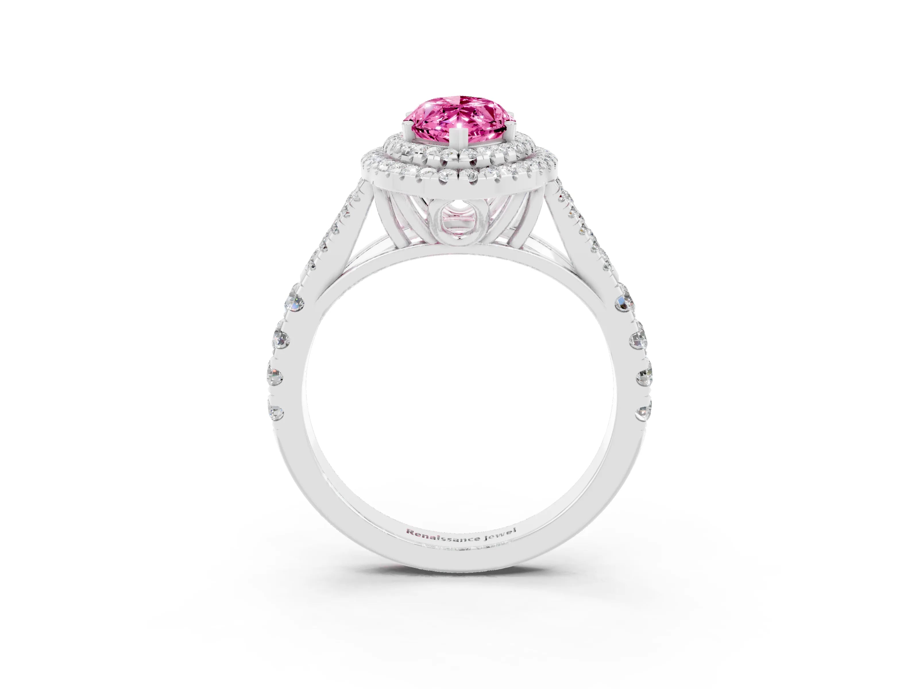 White gold Double Halo Marquise Cut Pink Sapphire Split Shank Engagement Ring with Four-Prong Setting_3