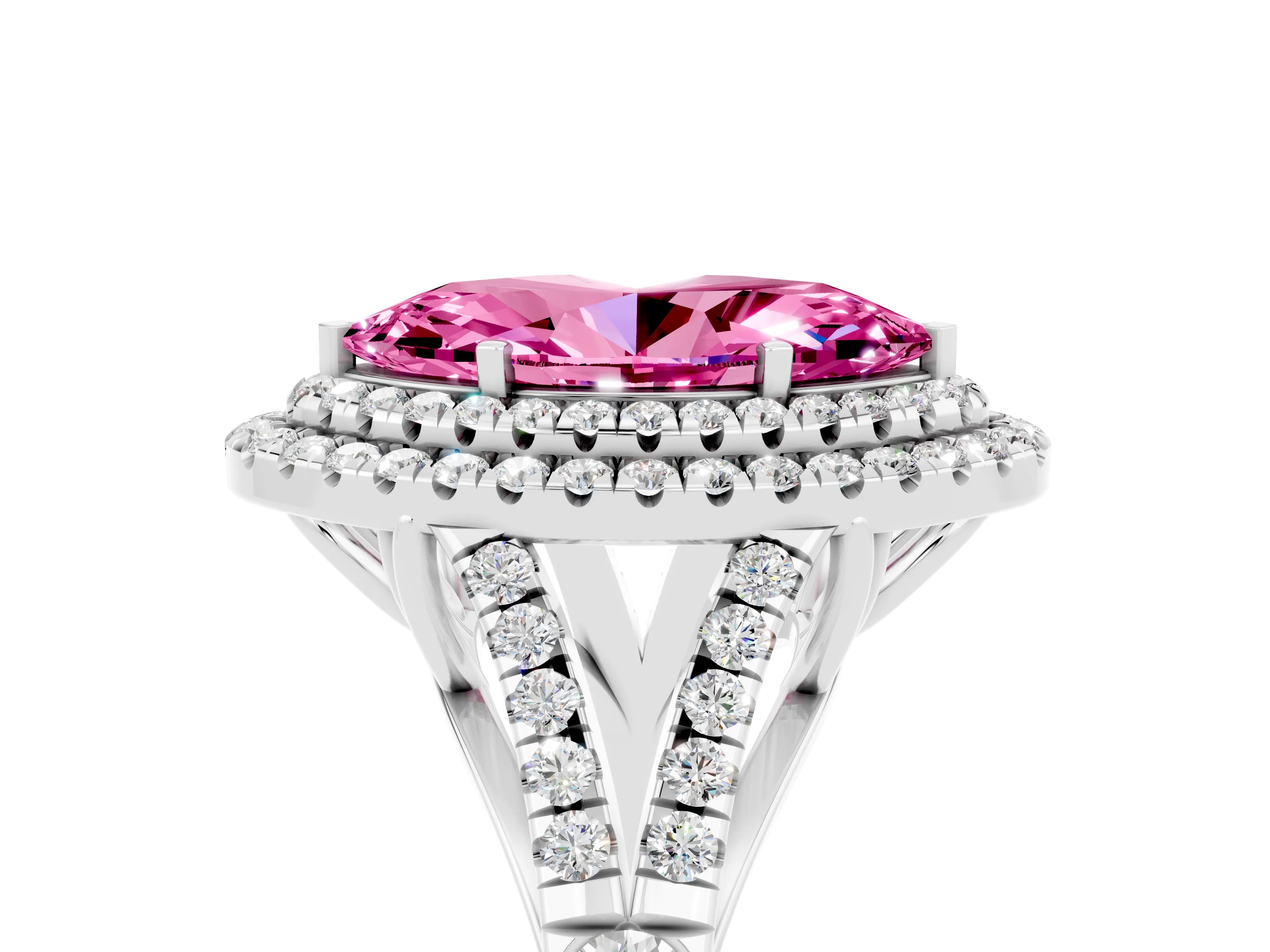 White gold Double Halo Marquise Cut Pink Sapphire Split Shank Engagement Ring with Four-Prong Setting_5