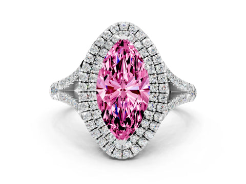 White gold Double Halo Marquise Cut Pink Sapphire Split Shank Engagement Ring with Four-Prong Setting