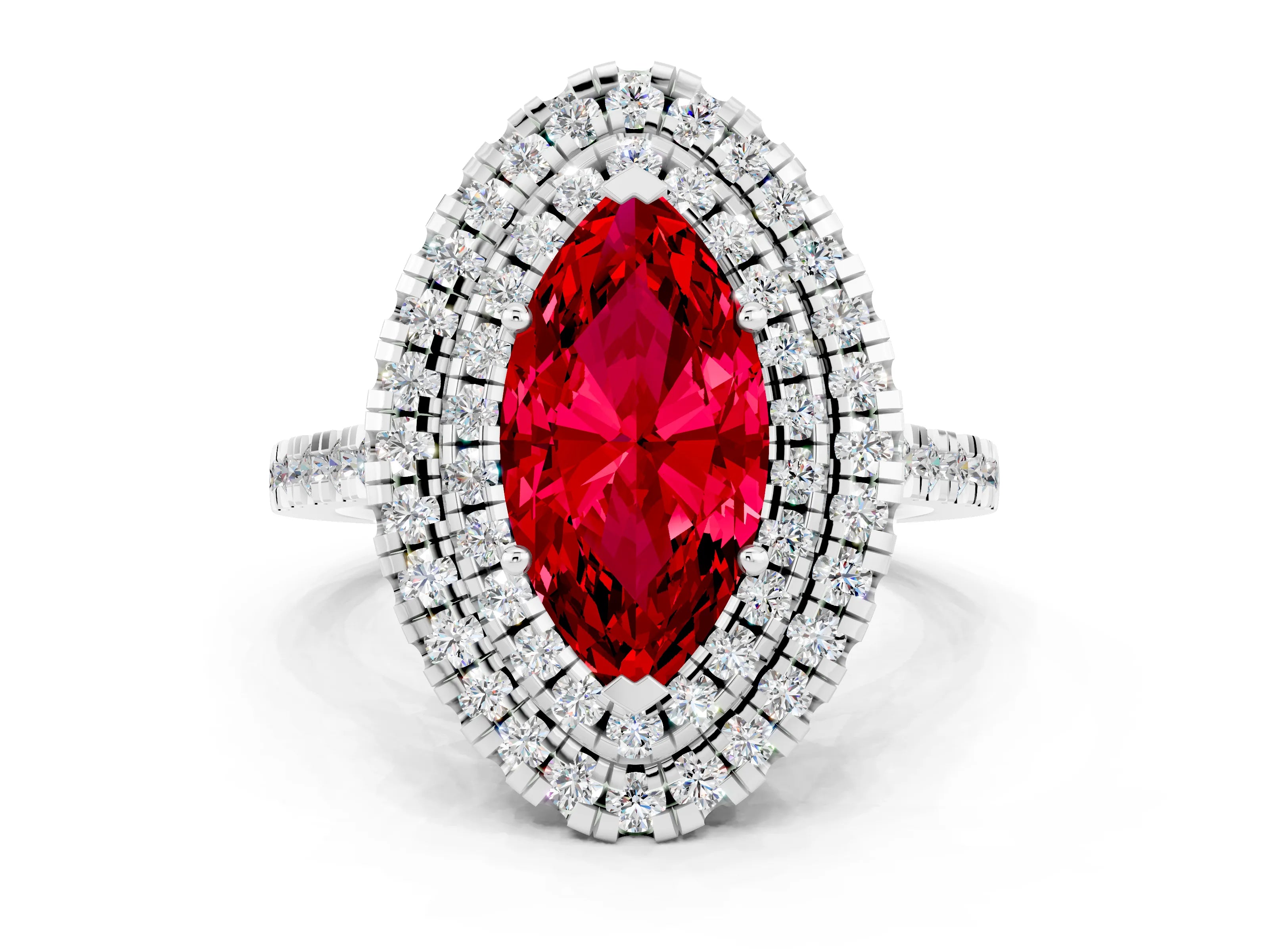 White gold Double Halo Marquise Cut Ruby Pavé Band with Four-Prong Setting