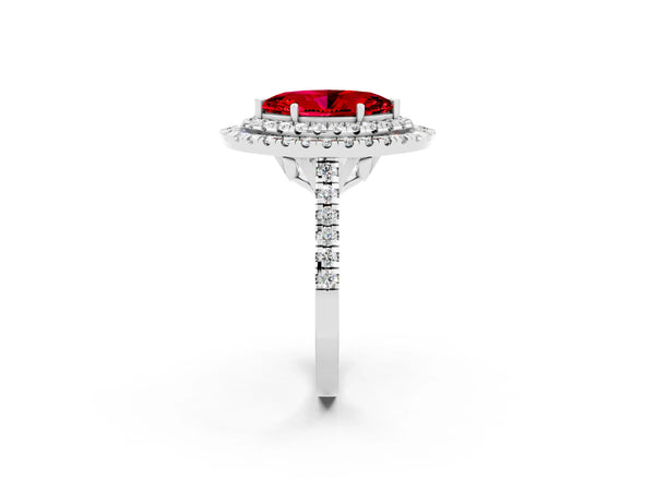 Platinum Double Halo Marquise Cut Ruby Pavé Band with Four-Prong Setting