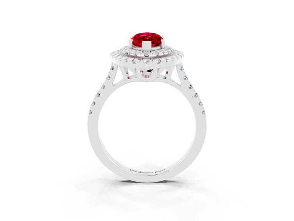Silver Double Halo Marquise Cut Ruby Pavé Band with Four-Prong Setting