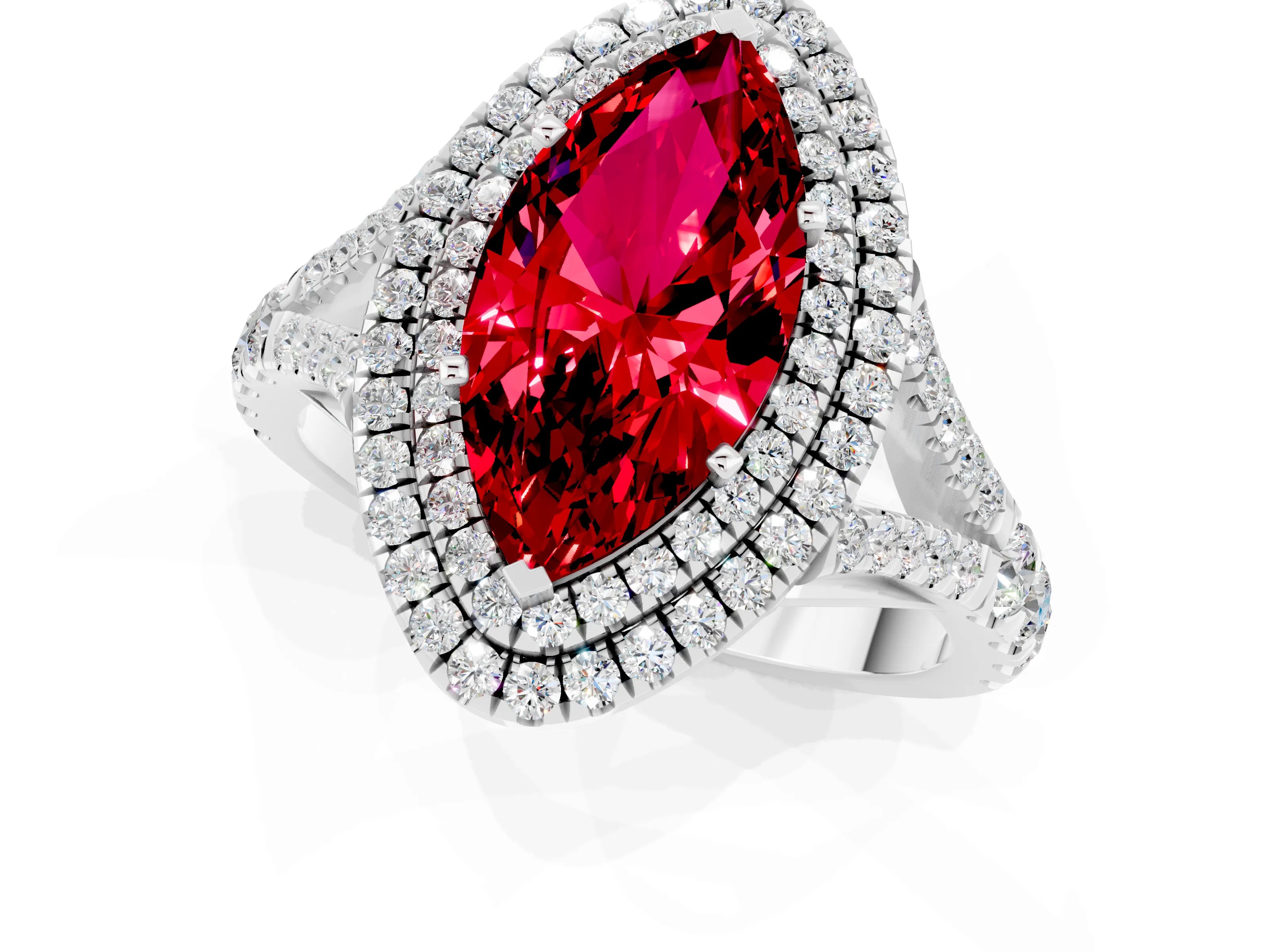 White gold Double Halo Marquise Cut Ruby Pavé Split Shank Ring with Prong Setting_1