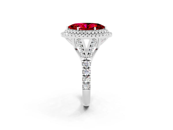 Silver Double Halo Marquise Cut Ruby Pavé Split Shank Ring with Prong Setting