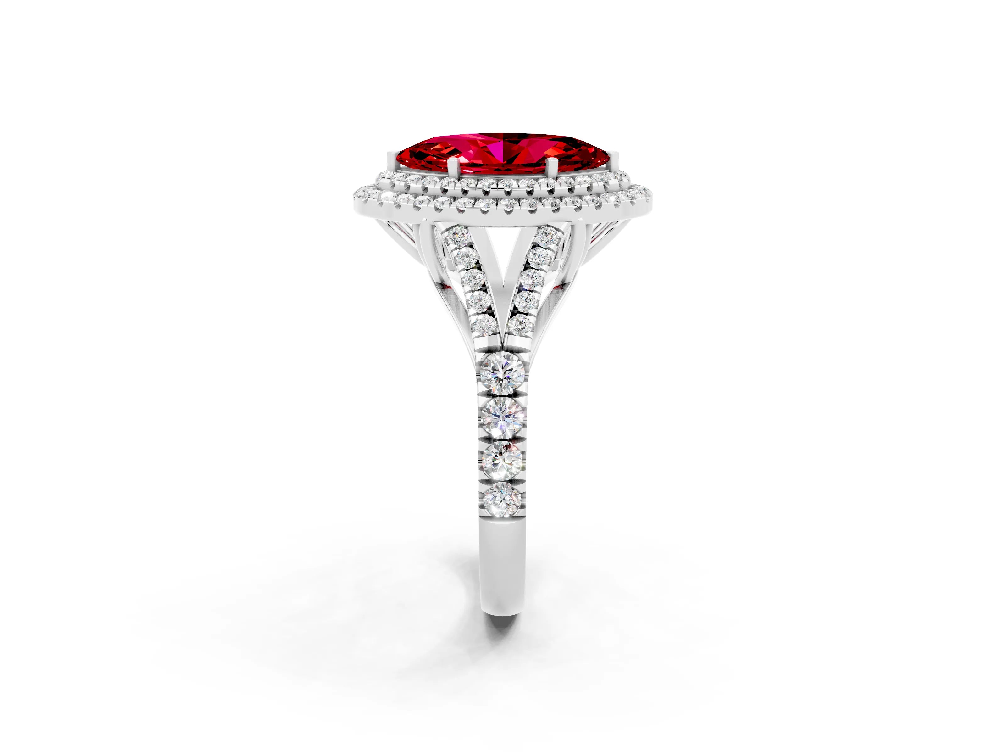 White gold Double Halo Marquise Cut Ruby Pavé Split Shank Ring with Prong Setting_2