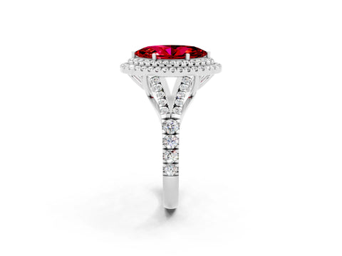 White gold Double Halo Marquise Cut Ruby Pavé Split Shank Ring with Prong Setting_2