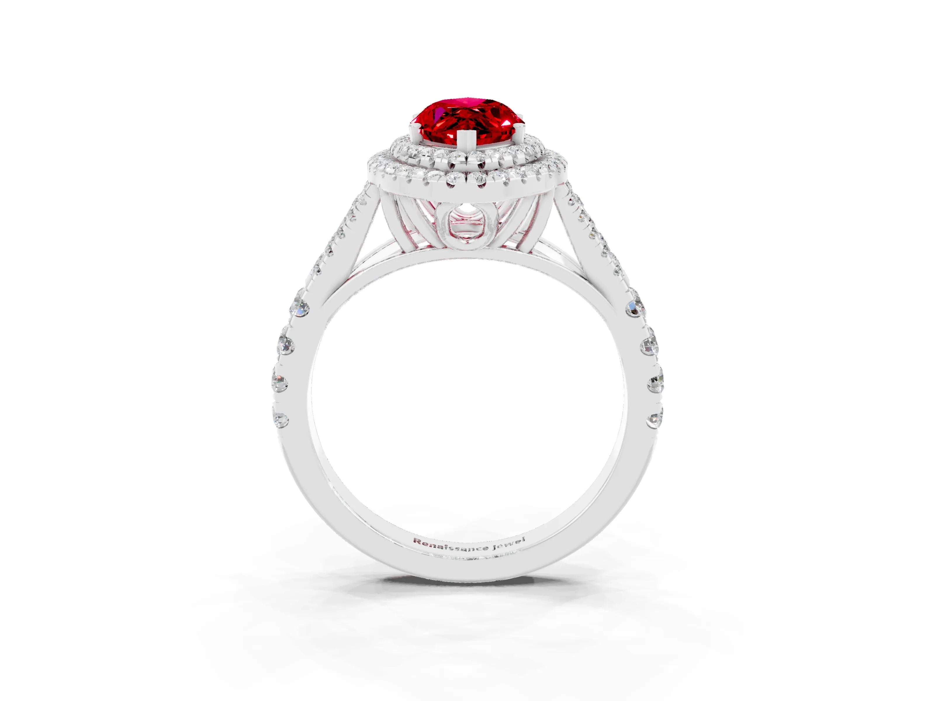 White gold Double Halo Marquise Cut Ruby Pavé Split Shank Ring with Prong Setting_3