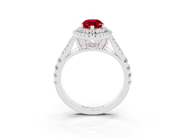 Platinum Double Halo Marquise Cut Ruby Pavé Split Shank Ring with Prong Setting