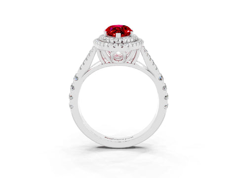 White gold Double Halo Marquise Cut Ruby Pavé Split Shank Ring with Prong Setting_3