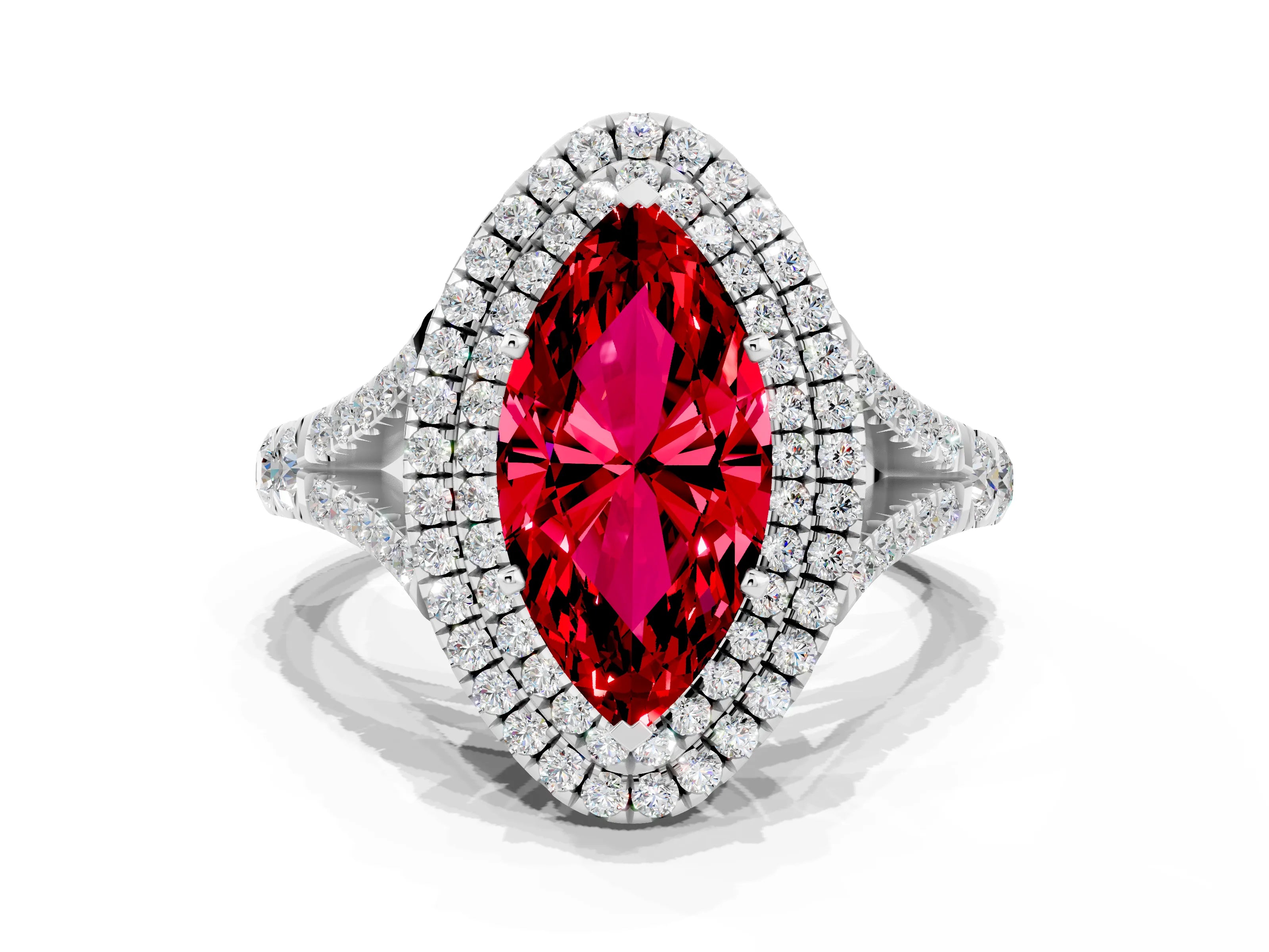 White gold Double Halo Marquise Cut Ruby Pavé Split Shank Ring with Prong Setting