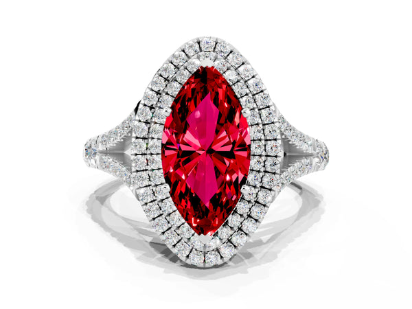 Silver Double Halo Marquise Cut Ruby Pavé Split Shank Ring with Prong Setting
