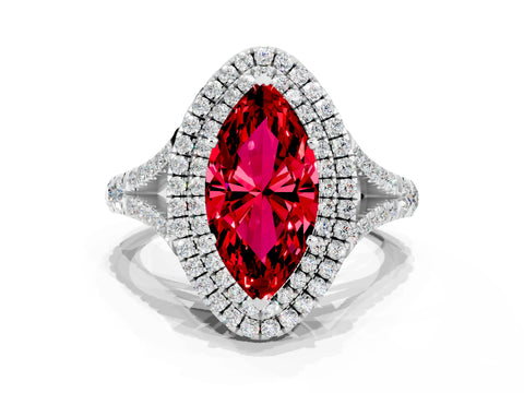 White gold Double Halo Marquise Cut Ruby Pavé Split Shank Ring with Prong Setting