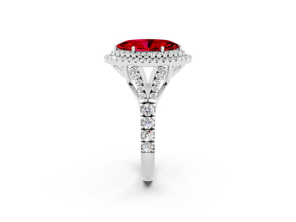 White gold Double Halo Marquise Cut Ruby Split Shank Engagement Ring with Four-Prong Setting