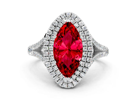 White gold Double Halo Marquise Cut Ruby Split Shank Engagement Ring with Four-Prong Setting