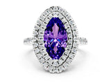 White gold Double Halo Marquise Cut Tanzanite Pavé Band with Four-Prong Setting