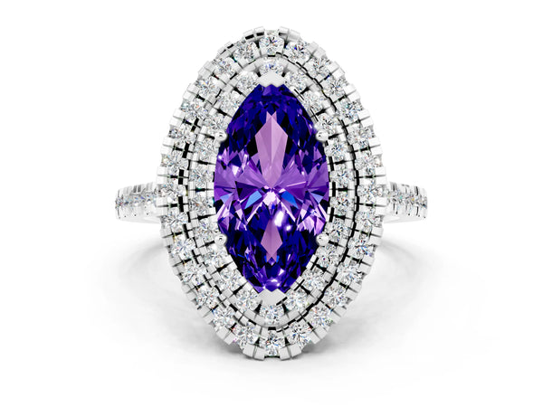 Platinum Double Halo Marquise Cut Tanzanite Pavé Band with Four-Prong Setting