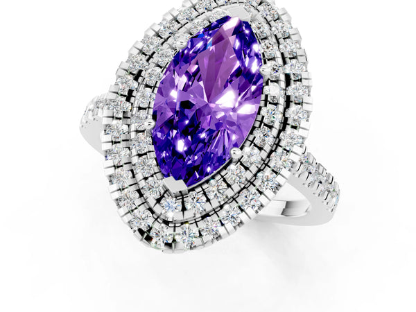White gold Double Halo Marquise Cut Tanzanite Pavé Band with Four-Prong Setting